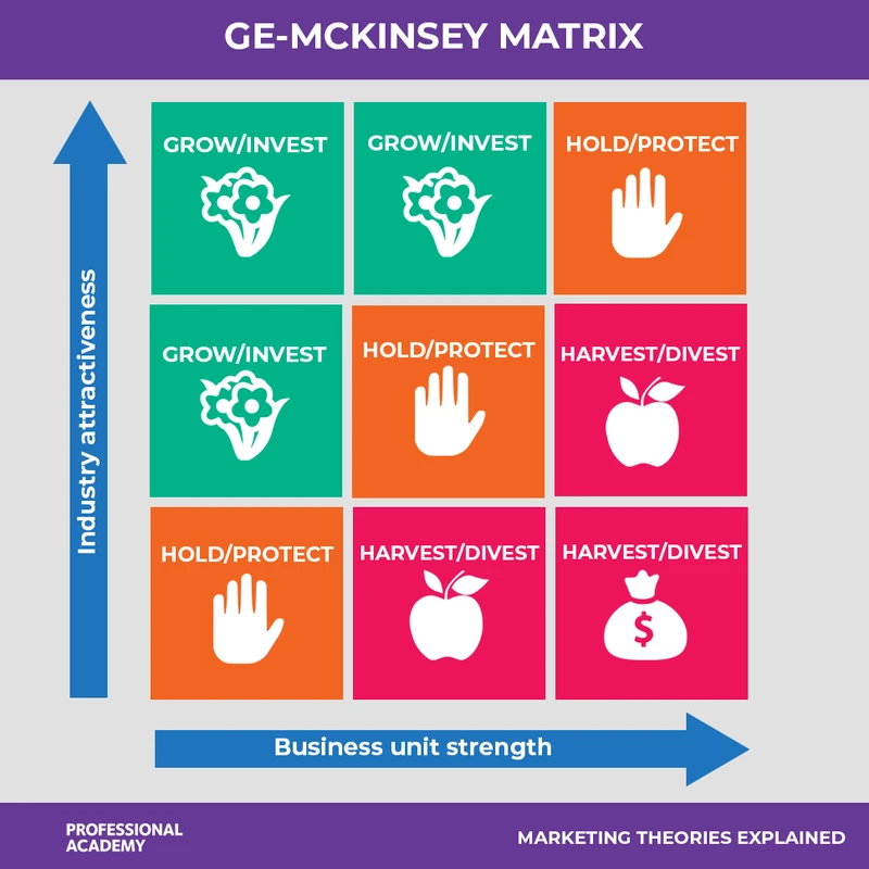 GE-McKinsey Matrix showing a nine-cell grid plotting industry attractiveness against business unit strength, with grow or invest, hold or protect, and harvest or divest strategies
