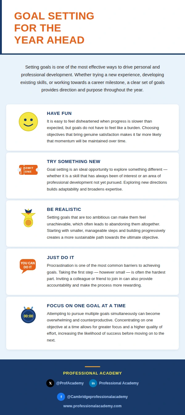 Infographic outlining five goal setting principles: have fun, try something new, be realistic, just do it, and focus on one goal at a time
