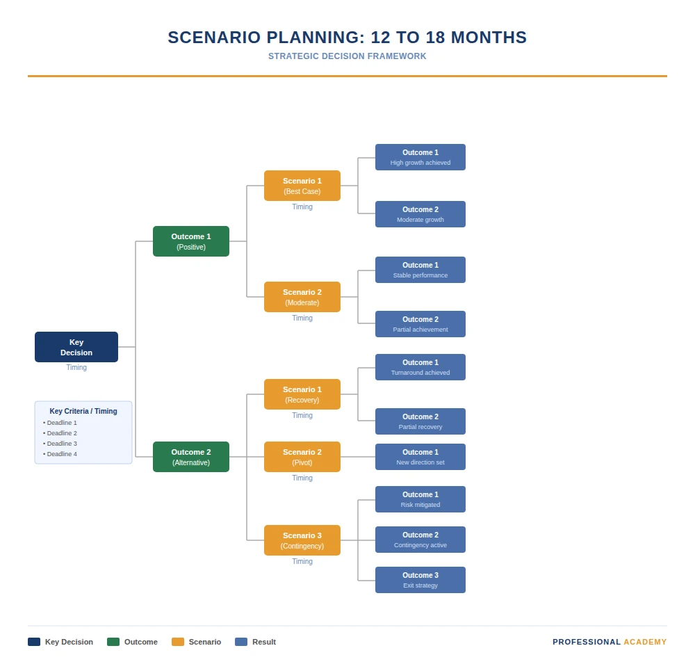 Scenario planning diagram showing a key decision branching into two outcomes, each with multiple scenarios and results over a 12 to 18 month timeframe
